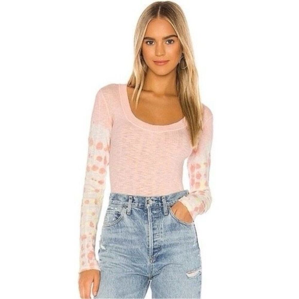 NWOT Free People Big Sur Pink Ribbed Yellow Tie Dye Long Sleeve Top Medium